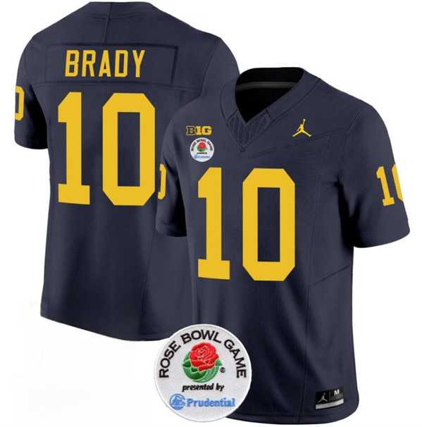 Mens Michigan Wolverines #10 Tom Brady 2023 F.U.S.E. Navy Blue Rose Bowl Patch Stitched Jersey Dzhi